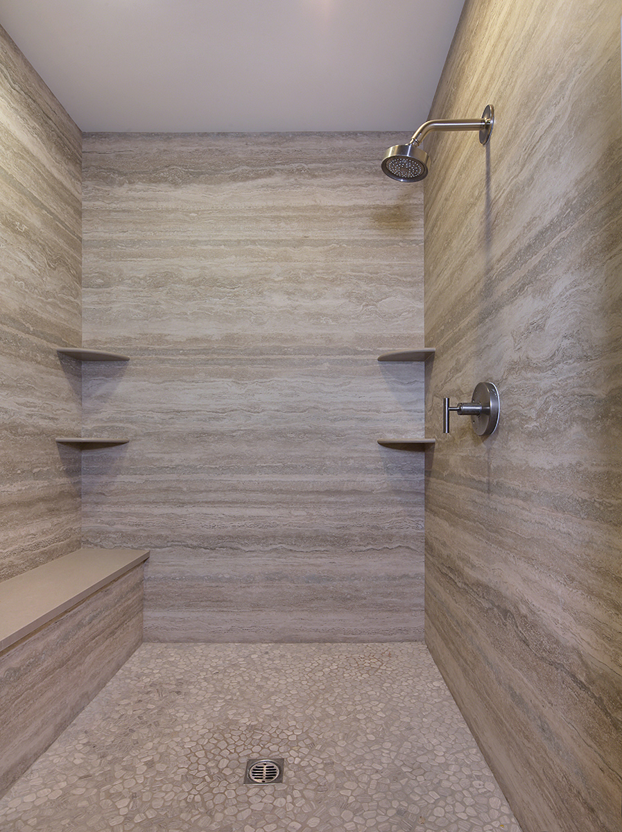 Travertino Santa Caterina Polished Porcelain White Oak Meshed Pebbles A